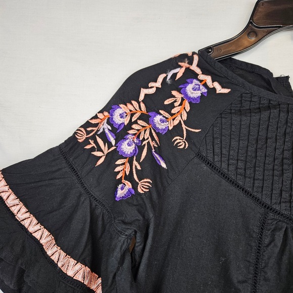 Free People Pavlo Black Embroidered Ruffle Tiered‎ Dress S Boho Cottagecore - Picture 4 of 7